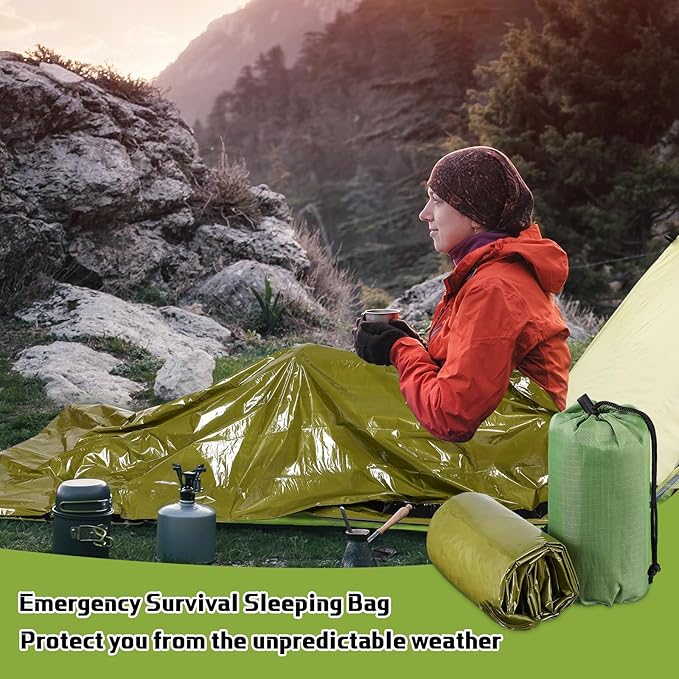 Mixweer 12 Pcs Emergency Sleeping Bag Portable Survival Thermal Bivy Sack Lightweight Emergency Shelter for Homeless People Waterproof Bivy Bag for Camping Hiking Adventure Outdoor, Green