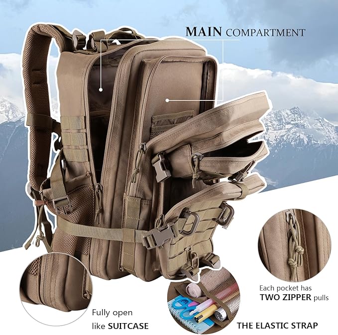 45L MOLLE Assault Backpack, Tactical Backpack Military Army Camping Rucksack with Bottle Holder, 3-Day Pack Trip w/USA Flag Patch, D-Rings, Khaki