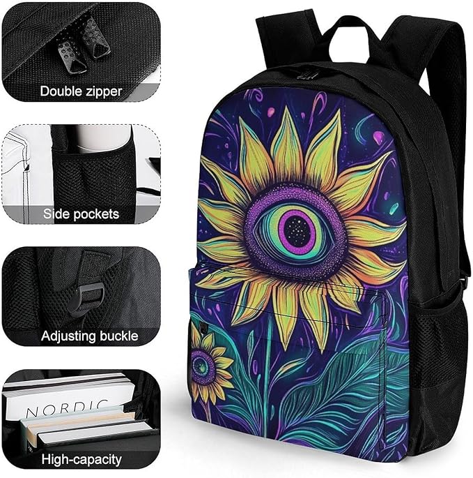 Men Women Polyester Trippy Eyes Flower Sunflower Daypack Big Capacity Shoulder Bag With Smooth Zippers for Hiking Work Walking Cycling