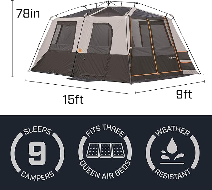 Bushnell Instant Tent | 6 Person / 9 Person / 12 Person Shield Series Instant Tents Cabin Design Perfect for 3 Season Family Camping, Hunting, and Fishing with Fast Setup | Instant Tents, Cabin Design, Family Camping, Hunting, Fishing, Fast Setup