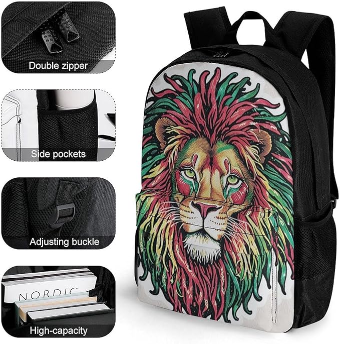 Rucksack Polyester Anti-Theft Multipurpose Dreadlock Rasta Lion Jamaican Reggae Bookbag Big Capacity Travel and Sport Backpack Rucksack With Side Pockets