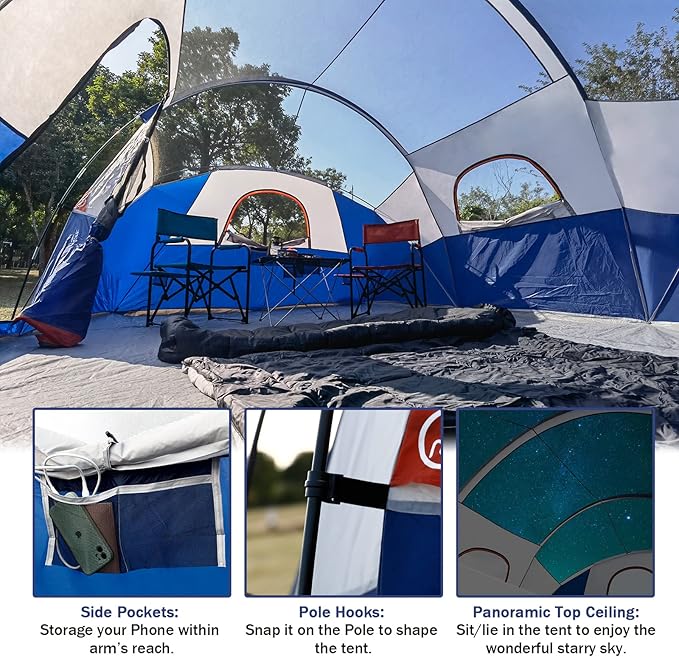 HIKERGARDEN 10 Person Camping Tent - Portable Easy Set Up Family Tent for Camp, Windproof Fabric Dome Tent Outdoor for Hiking, Backpacking, Traveling-14'x11'x74in(H)