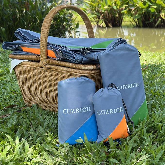 Medium Picnic Mat 6FT Lightweight Camping Tarp Tent Blankets Pocket Beach Blanket Foldable Washable Picnic Rug Quick Dry Compact Beach Mats Hiking Outdoor Essentials(Gray/Blue,78"*83"/6.56ft×6.89ft)