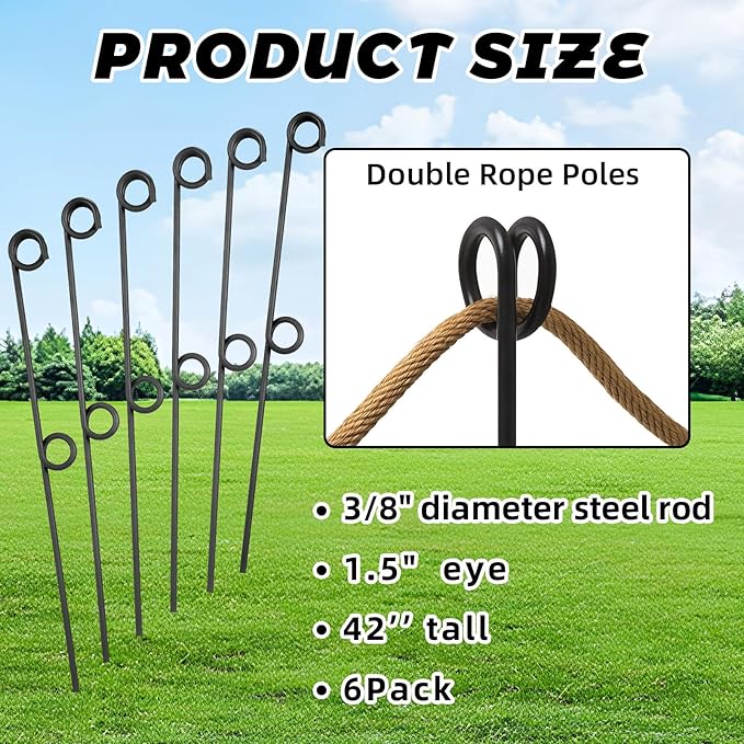 6 Pcs 42'' Double Rope Poles/Stakes Black Steel Stakes with Loop Fence Poles for Creating a Rope Border Around Flower Beds, Trees, Garden, Walkways