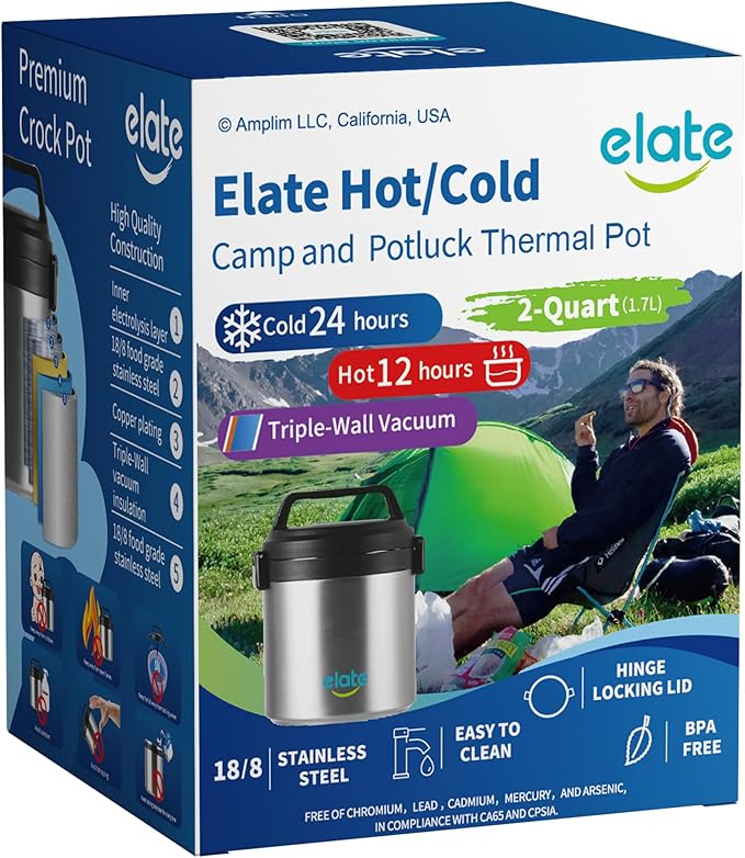Elate 2-Quart Thermos Food Jar for Hot Food | 64oz Stainless Steel Vacuum-Insulated Camp Crock, Wide-Mouth Thermal Food Container, Portable Lunch Pot for Outdoor, Camping, Picnics, Trips, Potlucks