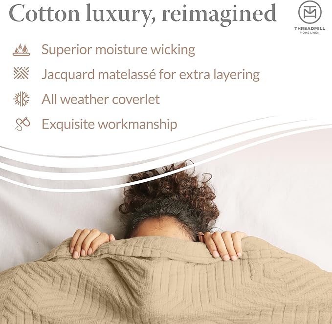 Threadmill Luxury Cotton Blankets for Twin Size Bed | All-Season 100% Cotton Twin Blanket for Bed | Aster Jacquard Lightweight, Soft & Cozy Coverlet, 350GSM, 68 x 90 inches | Beige