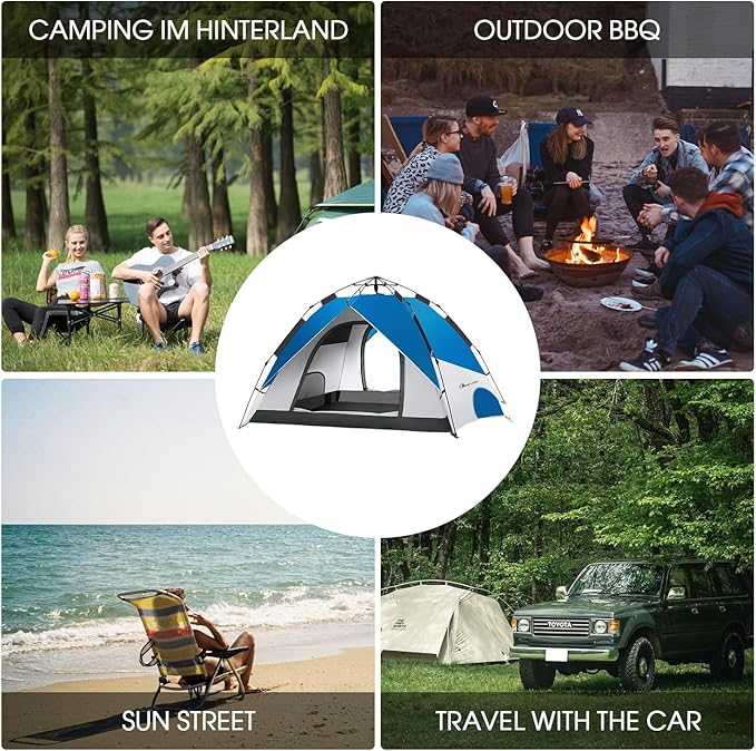 MOON LENCE Pop Up Tent 3-4 Person, 60s Instant Setup Camping Tent with 2 Doors, Water-Resistant & Windproof Dome Tent for Car Camping, Backyard, Traveling