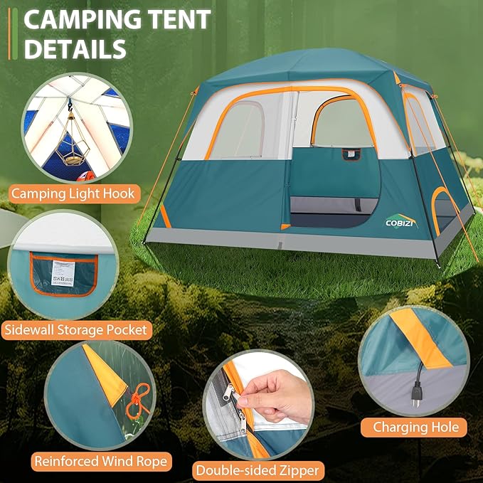 COBIZI Tents for Camping 4/6 Person Camping Tent with Rainfly and Screen, Easy Setup Lightweight Portable Waterproof Outdoor Tent with Carry Bag for Backpacking, Hiking, Family Travel