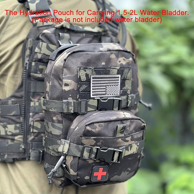 Tactical Mini Molle Hydration Pack,Molle Hydration Carrier with IFAK Pouch&US Flag&Med Patch,Hydropack for 2L Water Bladder