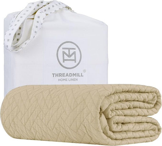 Threadmill Luxury Cotton Blankets for Twin Size Bed | All-Season 100% Cotton Twin Blanket for Bed | Criss Cross Jacquard Lightweight, Soft & Cozy Coverlet, 350GSM, 68 x 90 inches | Beige