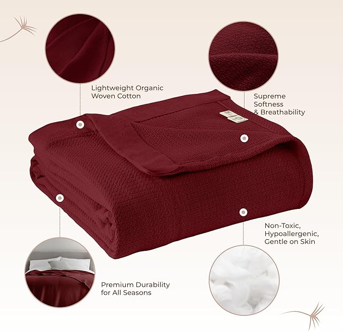 100% Organic Cotton Blanket - GOTS & Fairtrade Certified Organic Cotton Throw Blanket for Bed with Soft Warm & Breathable Single Knit Weave - Great as Bedspread or Coverlet (Burgundy, King/Cal King)