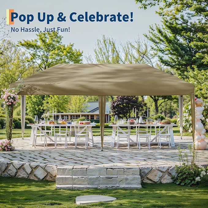 10x20 Pop Up Canopy Tent Outdoor Canopy with No Removable Sidewall One-Person Set Up Heavy Duty Commercial Instant Tent Shelter-Brown