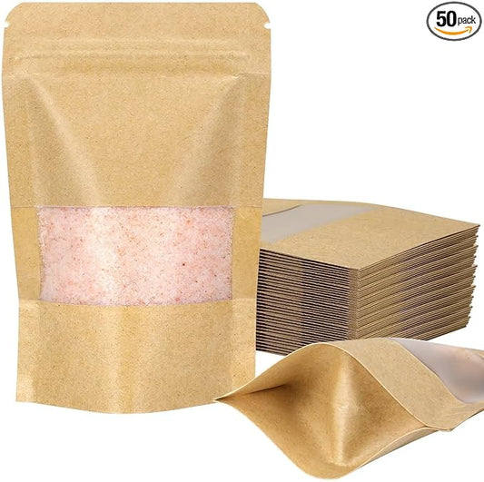 Blisstime Stand Up Pouches, 50 Pack Kraft Paper Bags with Matte Window and Tear Notch Resealable Bags for Small Business Home Use (2.5 x 4.3 Inches)