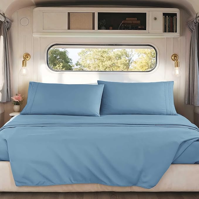 Hearth & Harbor Short Queen Sheets for RV, Blue Heaven RV Queen Sheets, Silky Soft 1800 Microfiber Bed Sheet for Camper, 4 Piece RV Bedding with Pillowcases