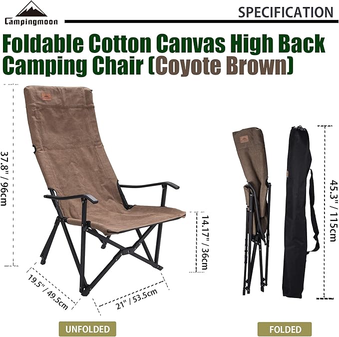 CAMPINGMOON Portable Camping Chair High Back Foldable Cotton Canvas Campfire Low Style Relaxing Coyote Brown F-1002C-CF