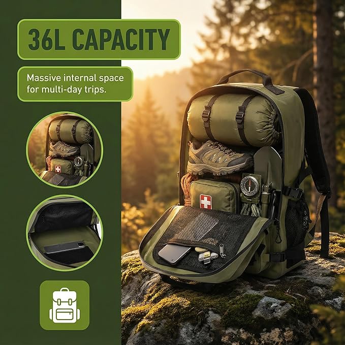 Dry Bag Waterproof Backpack 30L Tactical Backpack for Kayaking Hiking Boating Paddle Boarding Fishing Travel Camping Beach Floating Dry Bag for Men Women (Green)