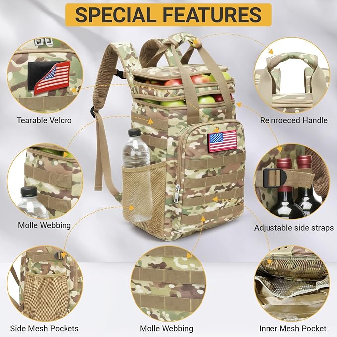 Tactical Backpack Cooler,Large Cooler Backpack Lunch Box for Men Adults Work with Handle,Insulated Soft Thermal Bag