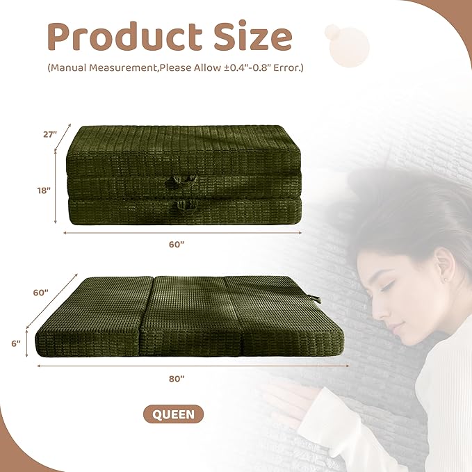 BYBYME Memory Foam Tri-Folding Mattress, 6 Inch Gel Folding Mattress Topper, Foldable Soft Guest Bed Camping Pad, with Washable Cover