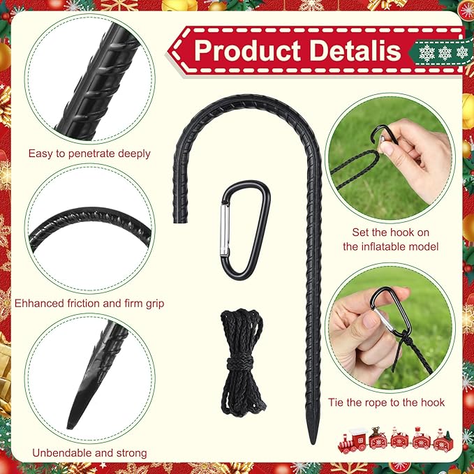 LEIFIDE 30 Pcs Christmas Inflatable Stakes Set, 6 Inch Garden Rebar Stakes Heavy Duty, 10 Ropes and 10 Hooks, Ground Anchors Black Chain Link Fence Stake for Camping Tents Outdoor Garden(J Hook)