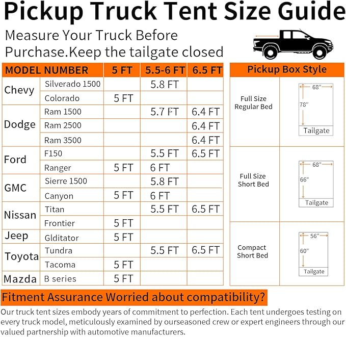 Truck Bed Tent with Awning: 5.0' ~ 5.2' PU3000mm Waterproof Tailgate Pickup Truck Tents, Easy Set-up for 2 Person, Fits Full Size Short Bed, Chevy, Dodge, Ford, GMC