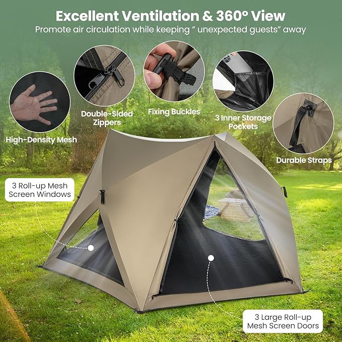 Goplus 4-6 Person Pop Up Camping Tent, Dome Instant Tent w/Visible Skylight, Removable Rainfly, 3 Zippered Mesh Doors & Windows, Carrying Bag, Outdoor Easy Setup Waterproof Family Tent for Backpacking