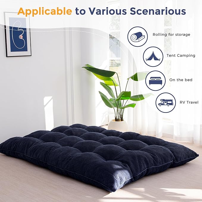 MAXYOYO 6" Japanese Floor Mattress, Foldable Futon Mattress Queen Size, Tufted Roll Up Floor Bed, Thick Tatami Mat Sleeping Pad Portable Lounger for Camping Guest Room Dormitory Bedroom RV, Navy