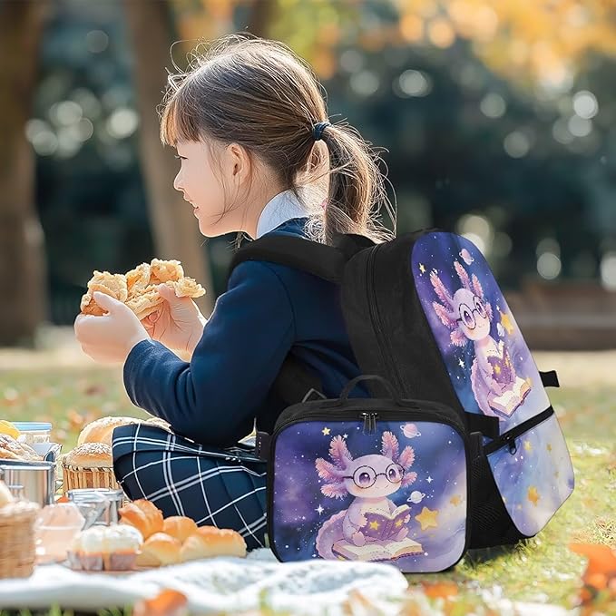 HUGS IDEA Reading Axolotl Girls Backpack and Lunch Bag School Bookbag for Elementary Pink School Bag Set for Girls 6-8 Lightweight Book Bag with Lunchbox Children Backpacks