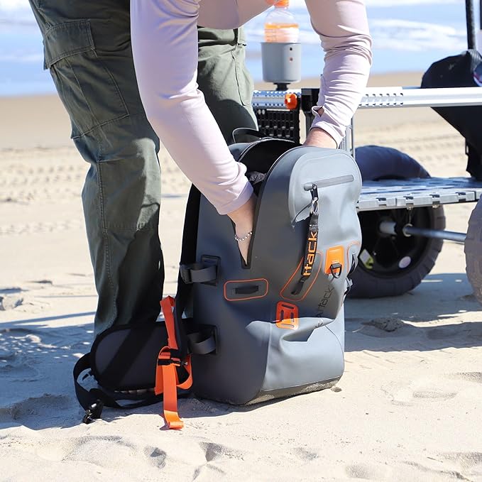 YakAttack 28L DryPak Waterproof Backpack with 2 Attachable Fishing Rod Holders – Grey/Orange | Floating Marine Dry Bag Pack with Padded Straps | Lightweight Hiking & Kayaking Gear & Storage Drybag