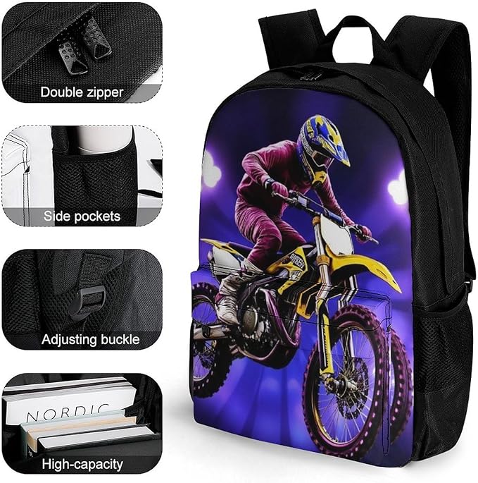 Lightweight Daypack Backpack for Trekking Work Running, Big Capacity Multipurpose Anti-Theft Bookbag, Cool Motorcycle Motocross Dirt Bike Business Computer Bag