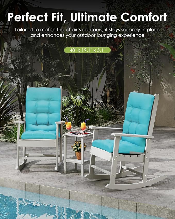 GREENVINES Rocking Chair Cushions Set of 4 | Polyester | Waterproof | Outdoor High Back Rocker Chairs Cushion | Seat with Ties | Non-Slip | Thickened Pad for Patio | 46.5" x 18.5" x 4.3" | Arctic