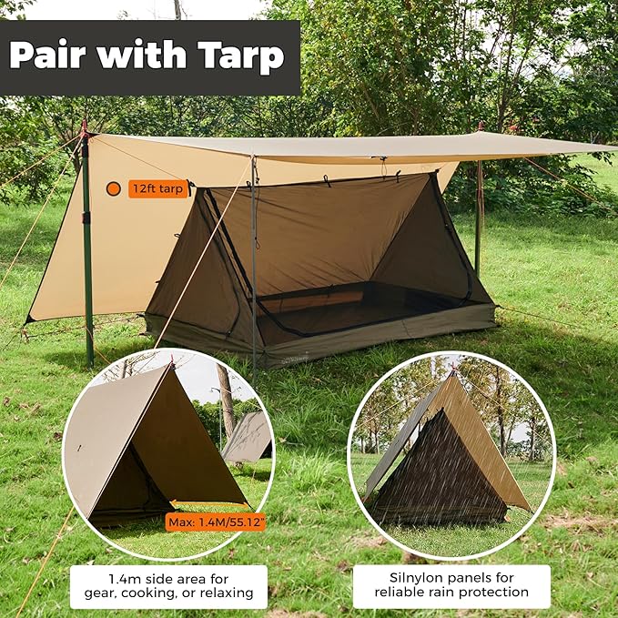 onewind Mesh Tent for 2 Person, 2 Openings Inner Tent for Tarp Ultralight Trekking Pole Tent Tarp Backpacking Netting Tent with Waterproof Bathtub Floor, No Trekking Pole Included