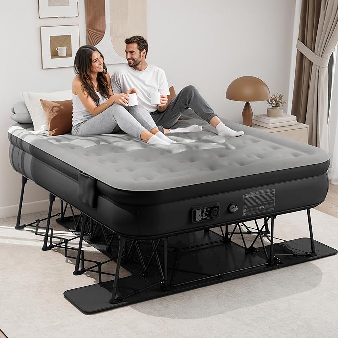 DWVO Inflatable Queen Air Bed with Folding Frame & Rolling Bag, Built-in Pump Blow Up Mattress for Camping, Guest Room & Travel, Portable Air Mattress with Case, 79 x 59 x 28 Inches, Black
