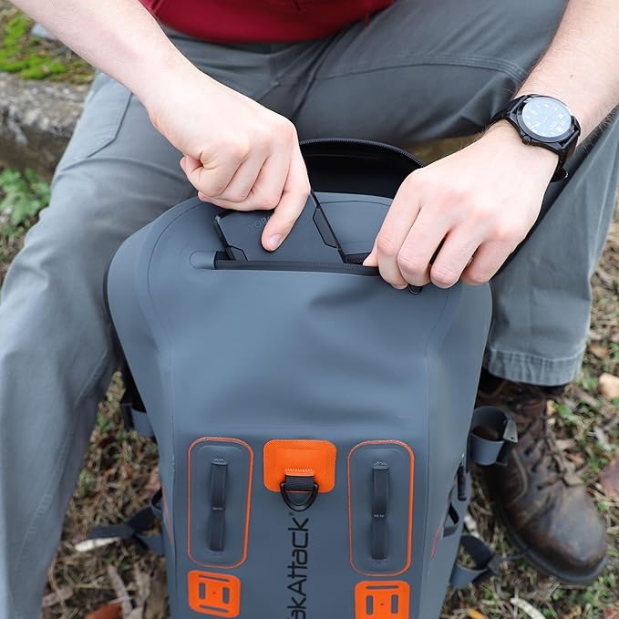 YakAttack 28L DryPak Waterproof Backpack with 2 Attachable Fishing Rod Holders – Grey/Orange | Floating Marine Dry Bag Pack with Padded Straps | Lightweight Hiking & Kayaking Gear & Storage Drybag