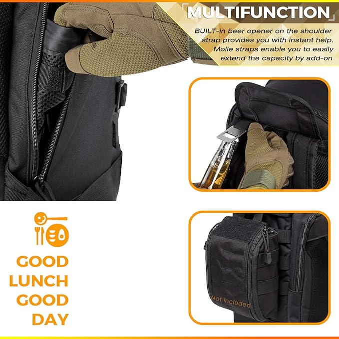 DBTAC Tactical Lunch Backpack, Large Lunch Cooler for Men Women Adult | Cooler Backpack Insulated Leak Proof for Work Camping Fishing Outdoor Travel w/Soft Easy-Clean Liner x2 (Black, 24-Cans)