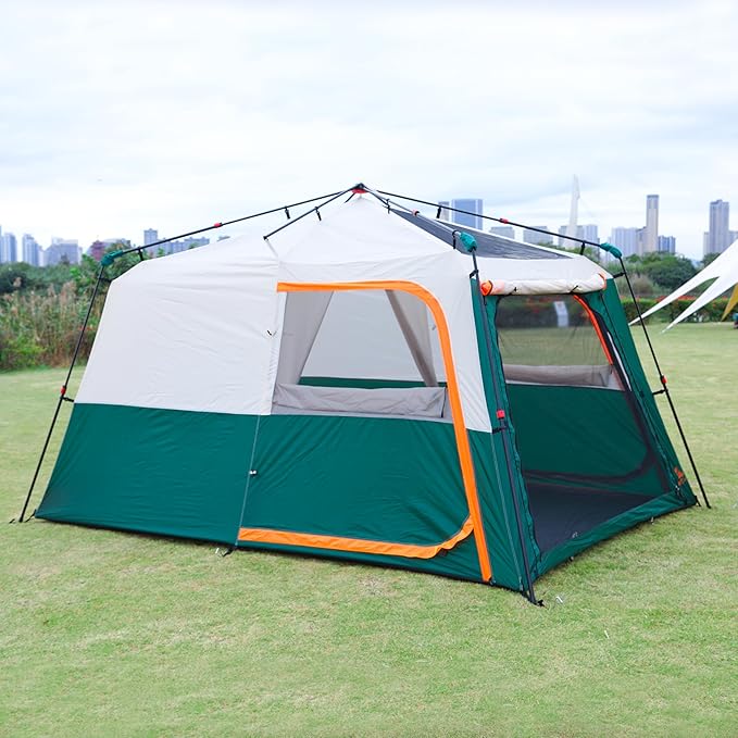 KTT Large Tent 6-12 Person,Family Cabin Tents,Straight Wall,3 Doors and 3 Windows with Mesh,Waterproof,Big Tent for Outdoor,Picnic,Camping,Family,Friends Gathering.