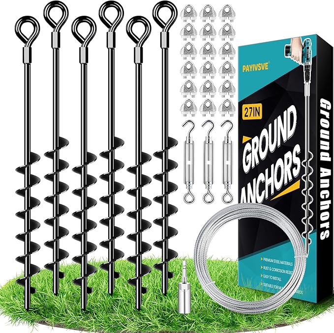 27" Ground Anchors Heavy Duty Shed Anchors Kit, Mobile Home Anchor with 3/16" Galvanized Cable and Turnbuckles for Sheds Canopy Gazebo Trampoline Swing Set(6x27in)