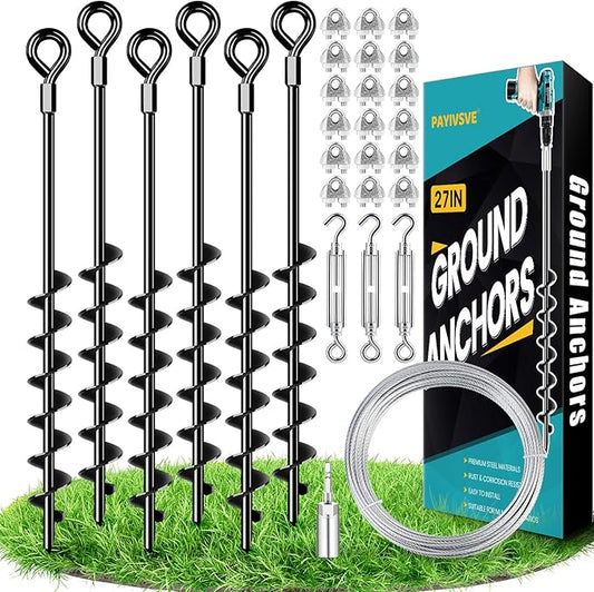27" Ground Anchors Heavy Duty Shed Anchors Kit, Mobile Home Anchor with 3/16" Galvanized Cable and Turnbuckles for Sheds Canopy Gazebo Trampoline Swing Set(6x27in)