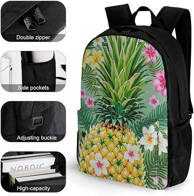 Supdreamc Daypack Bookbag Multipurpose Anti-Theft Big Capacity Carry On Bag, Hawaiian Pineapple Flowers Floral Travel Hiking Camping Rucksack With Padded Straps