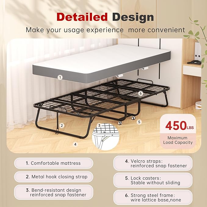 Superday Folding Bed with Mattress, 75” x 38” Portable Rollaway Bed, Twin Foldable Bed with 5" Mattress, Roll Away Beds for Adults, Fold up Beds for Guest Room&Small Apartment, Twin Size,Cot Size