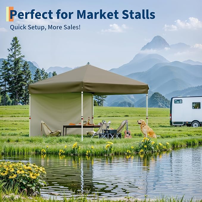 10x10 Pop Up Canopy Tent with 1 Removable Sidewall, Heavy Duty Commercial Instant Shelter with One-Person Setup, UPF 50+ Waterproof, 100 Sq Ft Shade for Outdoor Events, Camping, Farmers Market