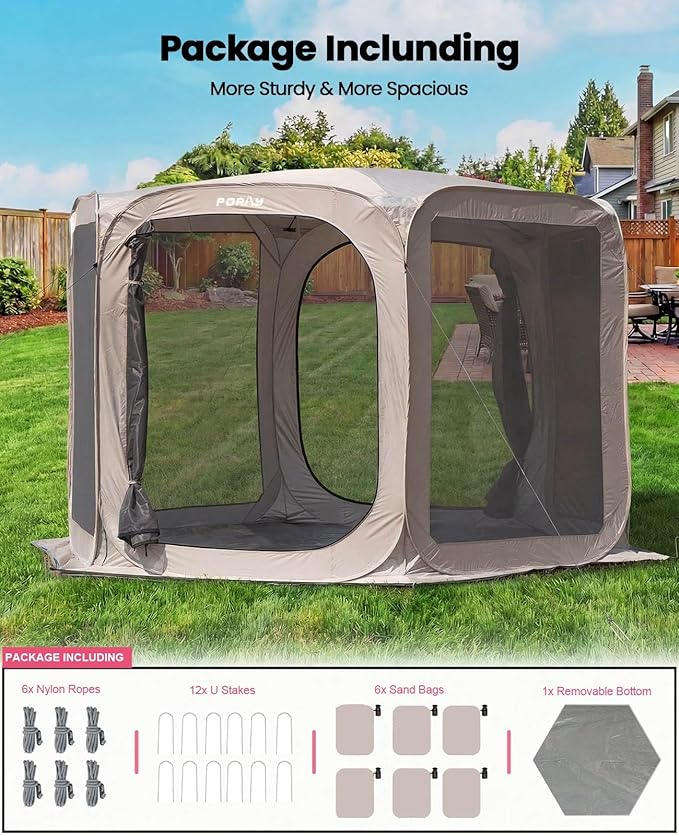 Porayhut Pop up Screen House Tent Sun Shelter with Breathable Mesh Doors,Portable Camping Tent with Detachable Waterproof Floor,10x10FT Screen Canopy Outdoor for Family Friends Party