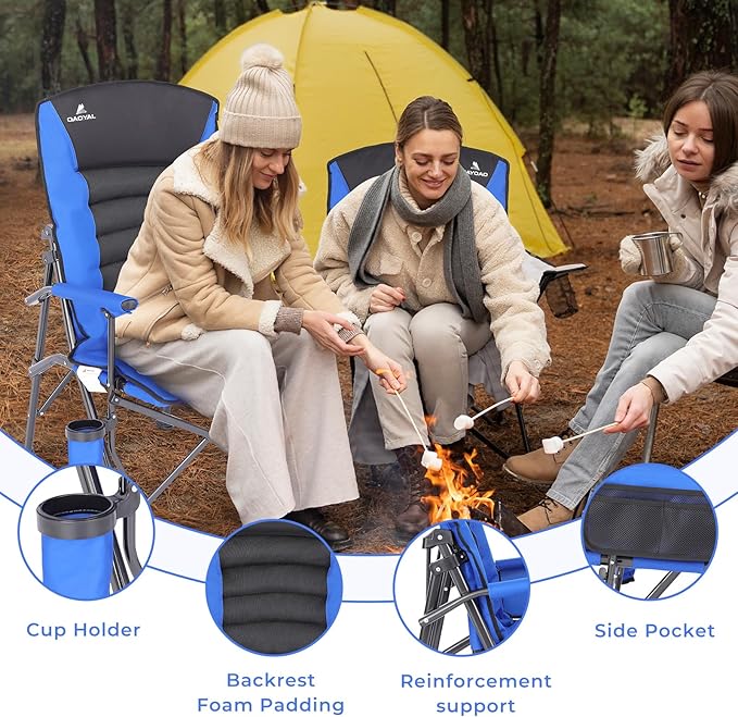 Camping Chairs for Adults, Adjustable Backrest Heavy Duty Oversized Folding Camping Chair Supports 350lbs for Outside with Cup Holder&Side Pocket, Outdoor Folding Camp Chair with High Back (Blue)