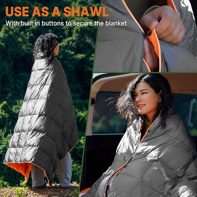 Down Puffy Blanket for 2 Person Car Camping Outdoor Travel Backpacking, 80% Duck Down & 20% Feather Lightweight Portable Soft Warm Cozy Camping Blanket Quilt, Light Gray