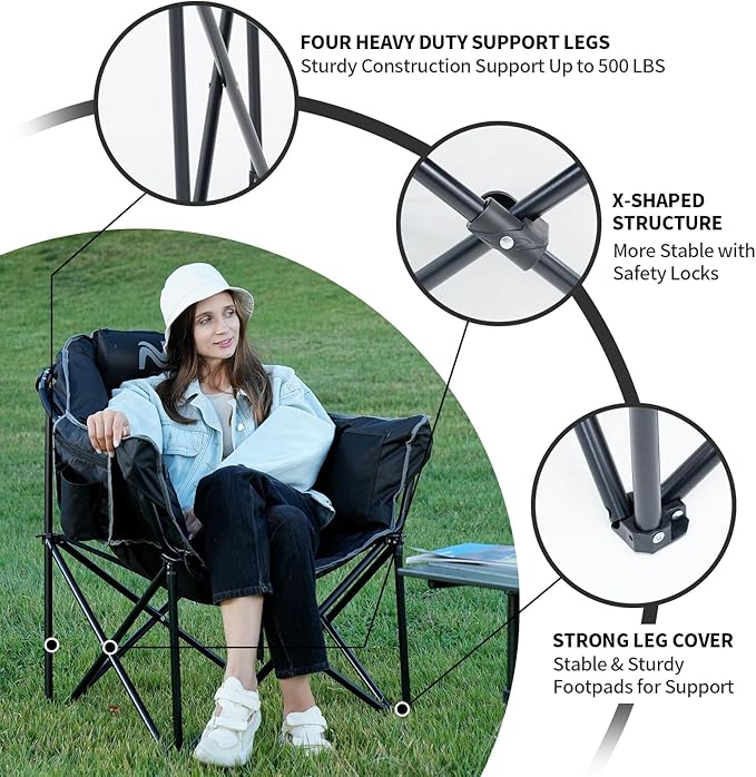 2 Pack Oversized Heated Camping Chair, 3 Heating Levels Soft Padded Camp Chairs with Pillow and Storage Bag, Portable Folding Outdoor Heated Moon Chair for Lawn Patio Beach and Picnics, Black