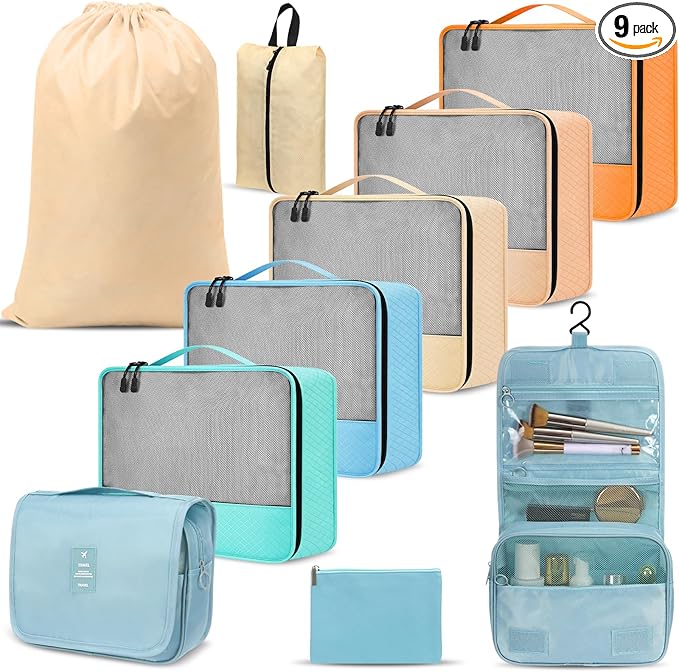 9 Pcs Packing Cubes Set for Travel with Waterproof Clothing Cubes Toiletry Shoe Laundry Jewelry Bag for Women Men (Light Khaki)