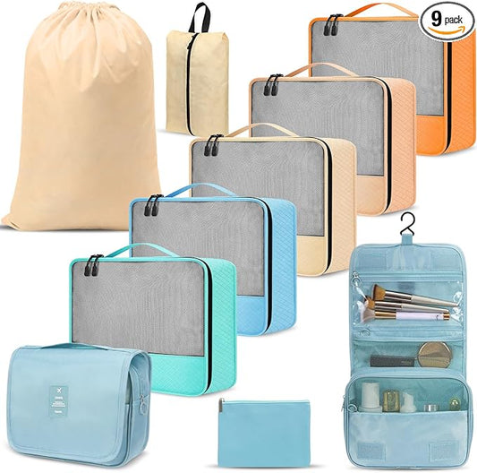 9 Pcs Packing Cubes Set for Travel with Waterproof Clothing Cubes Toiletry Shoe Laundry Jewelry Bag for Women Men (Light Khaki)