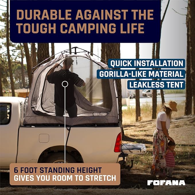 Fofana Pop-Up Truck Bed Tent - Mid-Size, 2-Person, Gray - Quick Setup Pop-Up Tent for Camping - Waterproof Sewn-in Floor & Camping Gear Organization - Mesh Windows & Ventilation for Truck Bed Dome