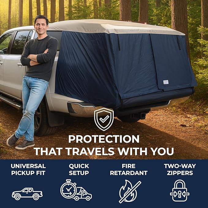 Truck Bed Tent for Caps– Fits Ford F-150, Chevy Silverado, Toyota Tundra, Tacoma (2005+), Tailgate ≥ 58" – Converts Truck with Cap into Camping Tent