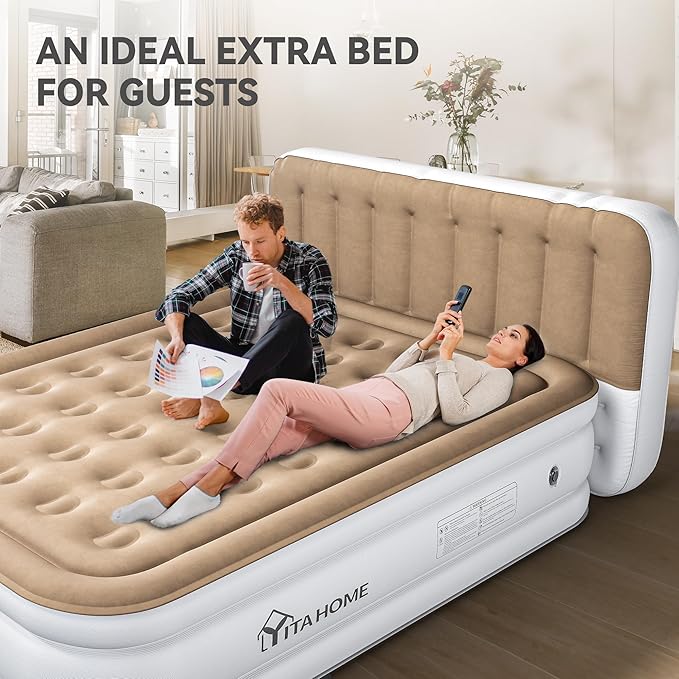 YITAHOME 18'' Flocked Top Queen Air Mattress with Built-in Pump and Headboard, Durable Inflatable Bed, Blow-Up Mattress for Indoor and Outdoor Use, Brown