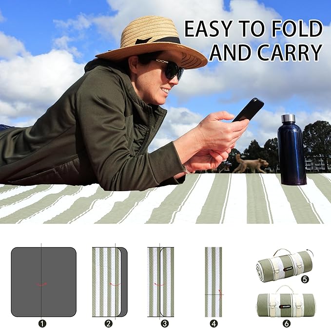 HX&OD Outdoor Picnic Blanket Extra Large, 80”x60” Waterproof Picnic Mat Foldable Camping Blanket Portable with Carry Strap for Beach Mat (Green)